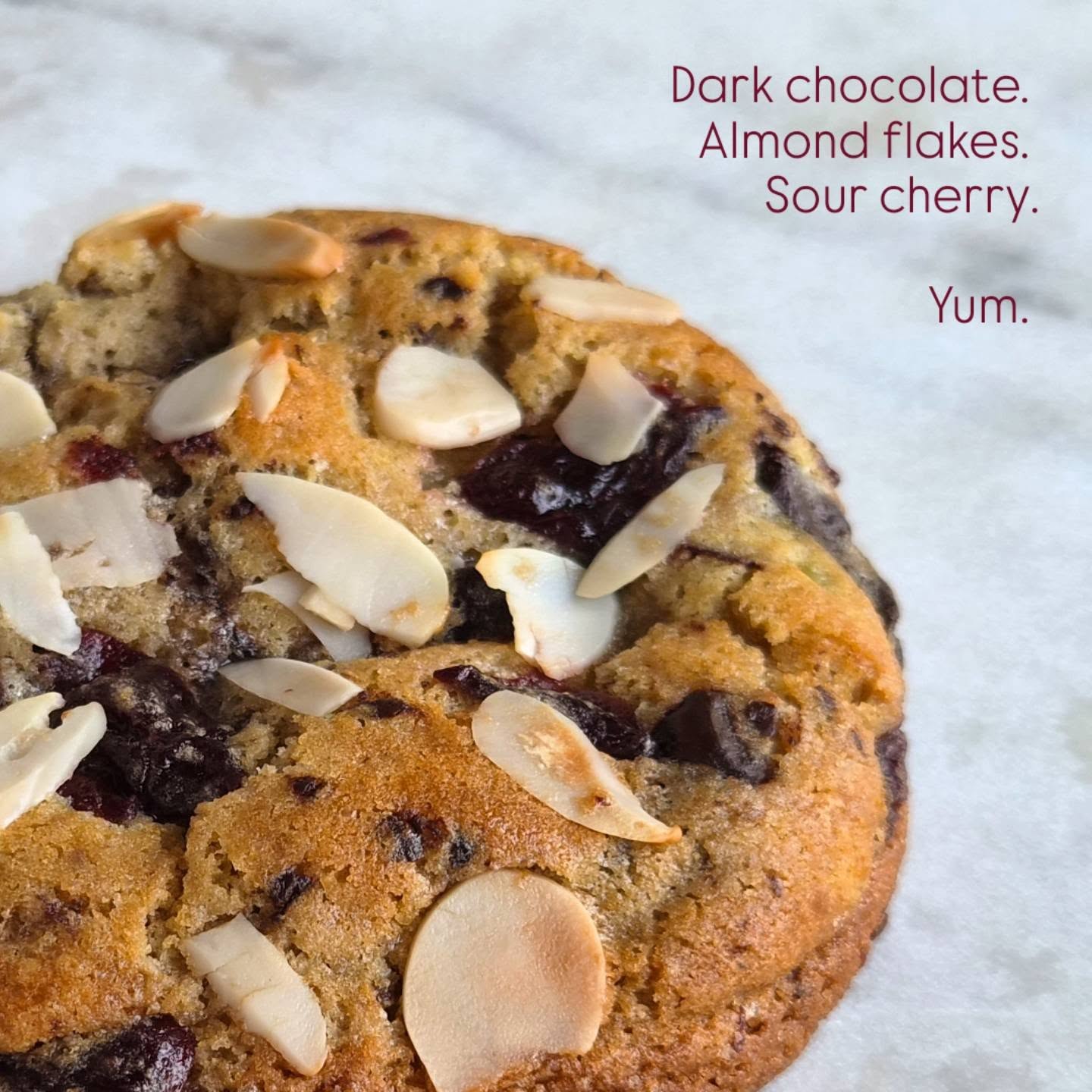Sour cherry, dark chocolate, almond flakes.